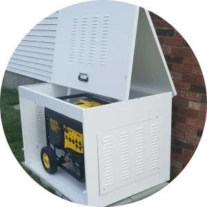 The Generator Box installed on pavers beside a home with siding and brick