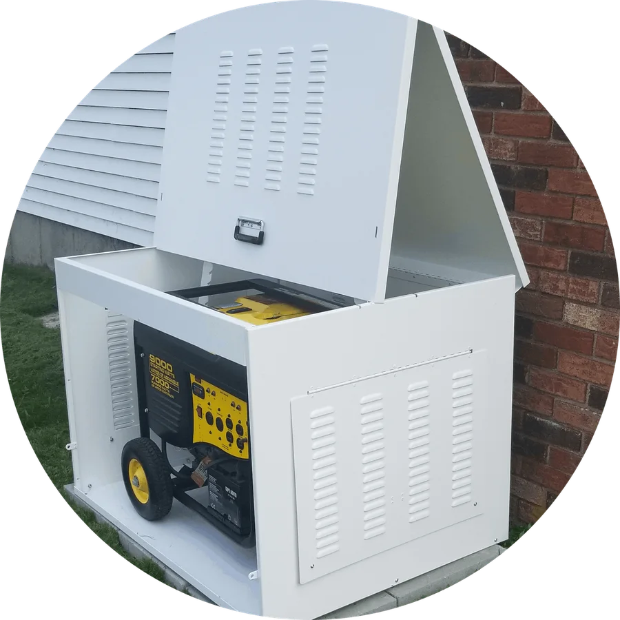 The Generator Box installed on pavers beside a home with siding and brick