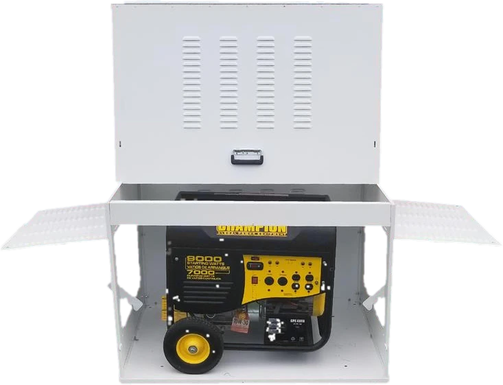 The Generator Box, a white aluminum portable generator enclosure, with the lid and side air windows open