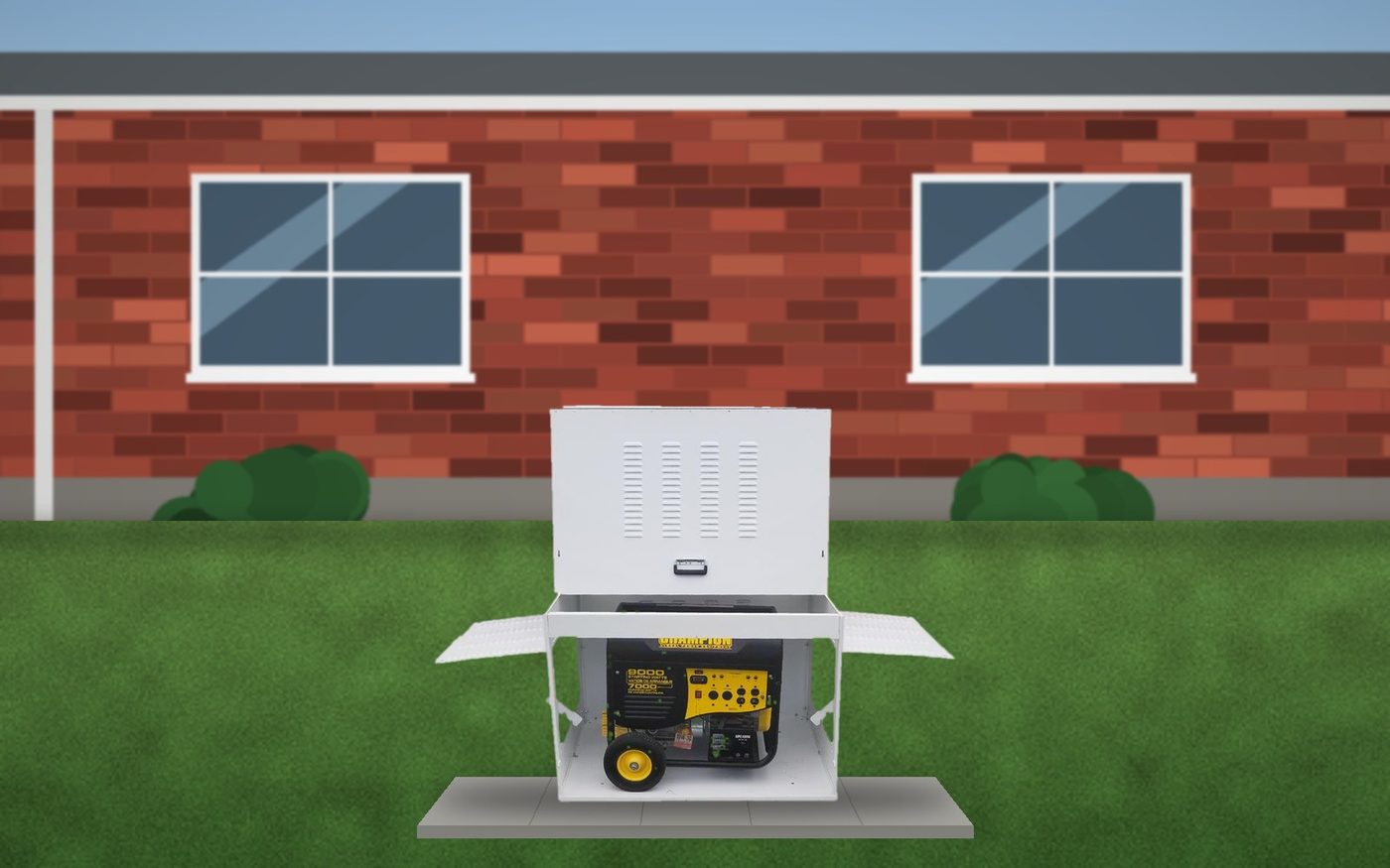 The Generator Box beside a brick ranch (illustration)