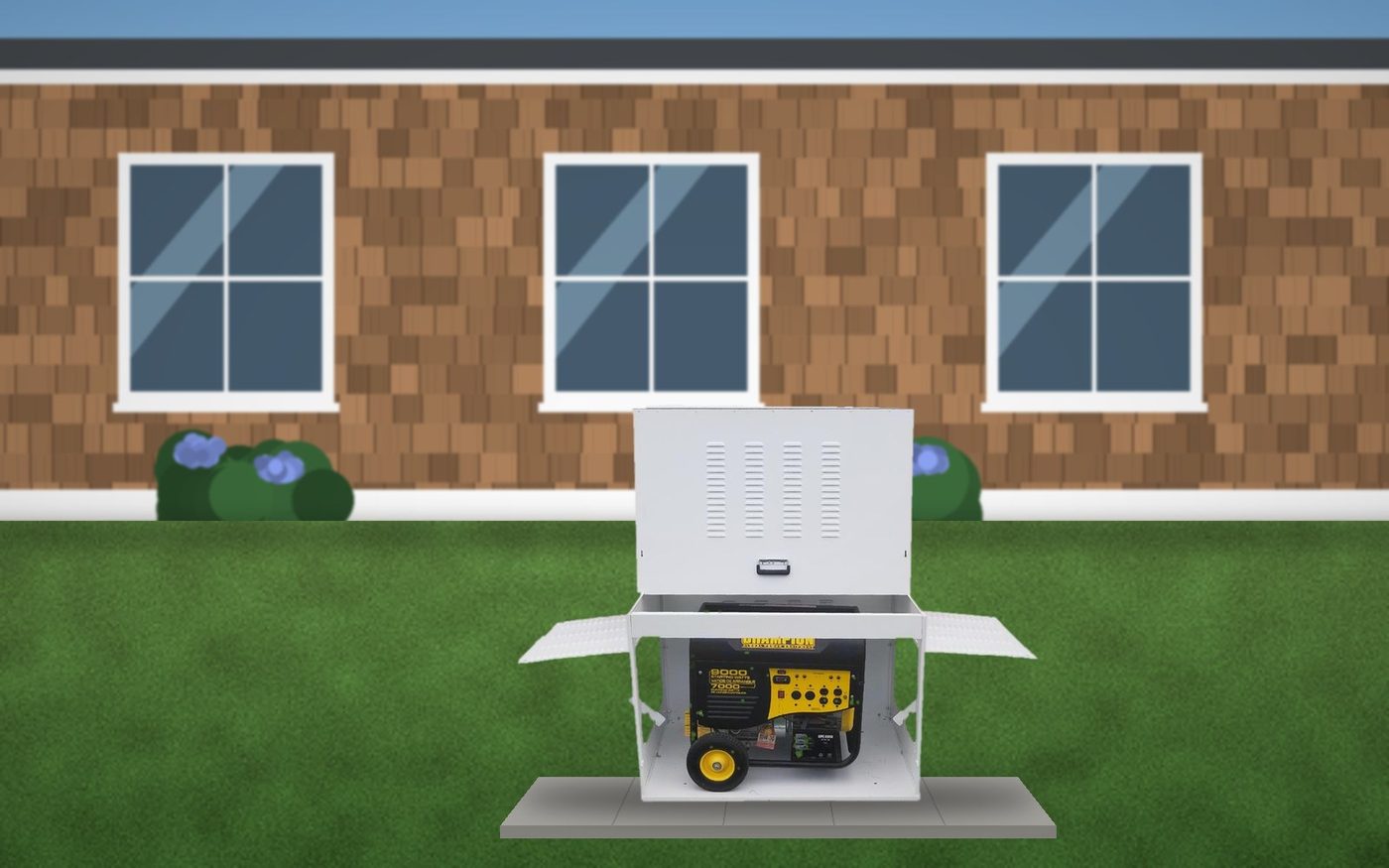 The Generator Box beside a cedar shake cottage (illustration)