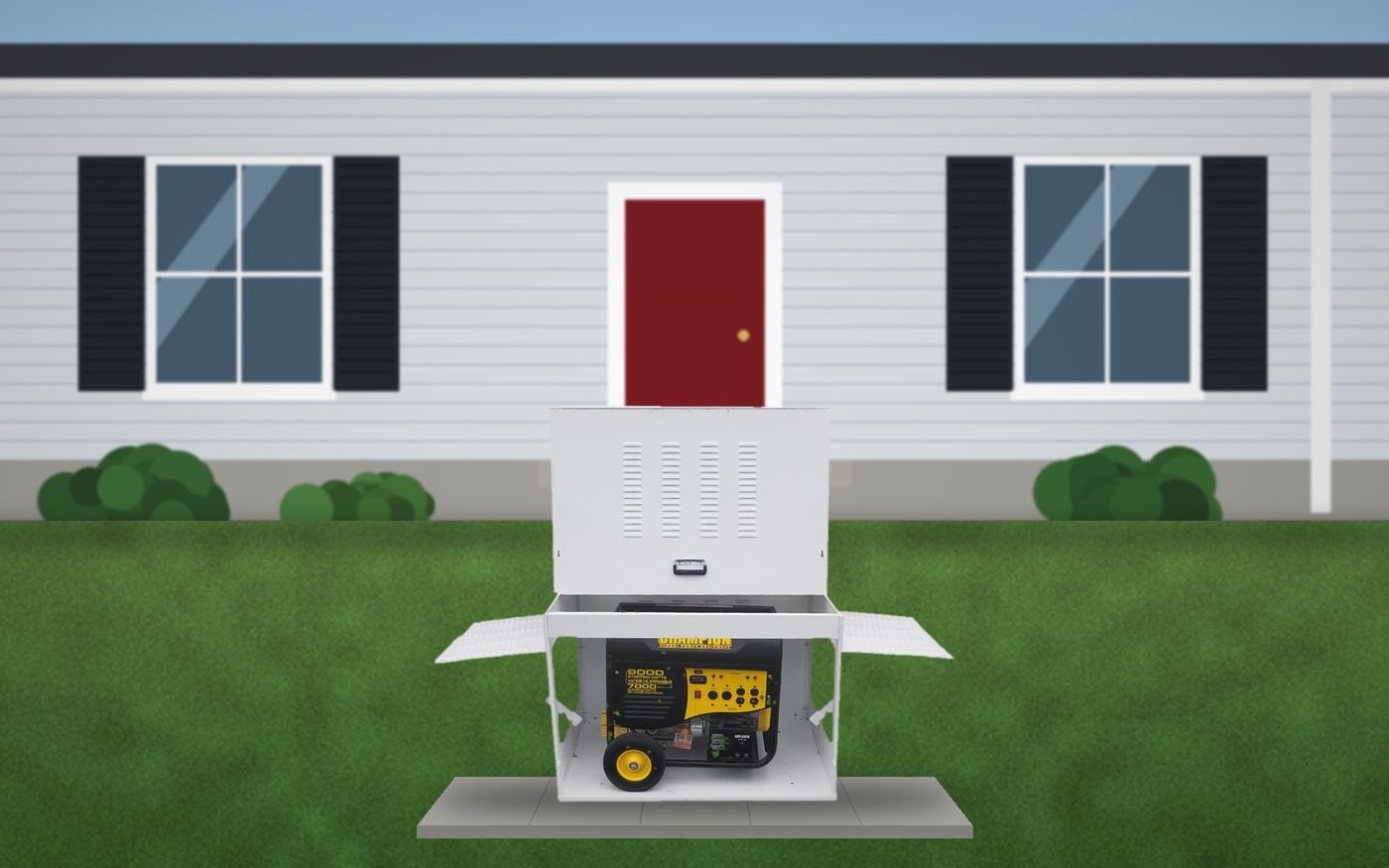 The Generator Box beside a colonial with vinyl siding (illustration)