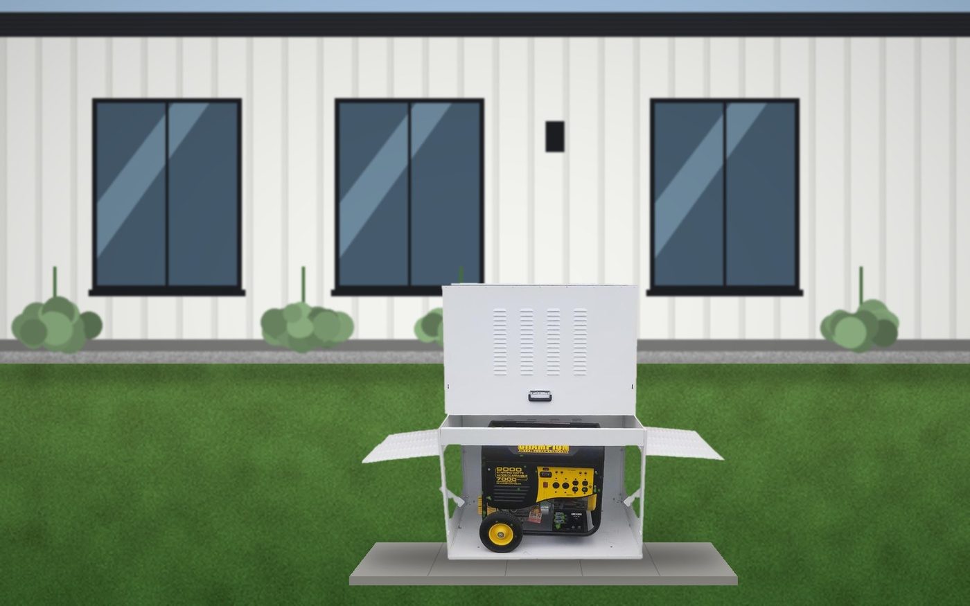 The Generator Box beside a modern farmhouse (illustration)